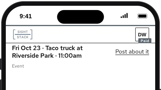 The Post plan on a phone: Fri Oct 23, Taco truck at Riverside Park at 11am, added by hand