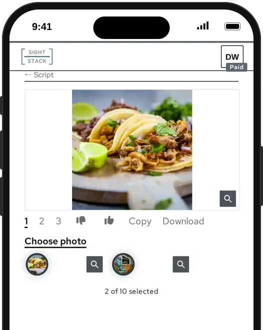 The image step on a phone: the shop’s own photos of street tacos and the truck window, both chosen