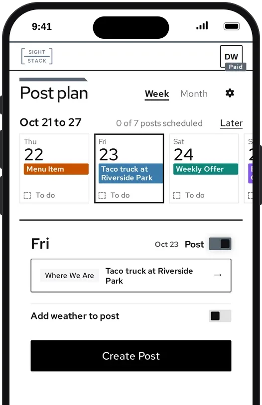 The posting week on a phone: Friday’s Taco truck at Riverside Park picked, with Create Post