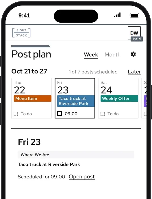 The posting week on a phone: Friday’s Taco truck at Riverside Park post scheduled for 9:00
