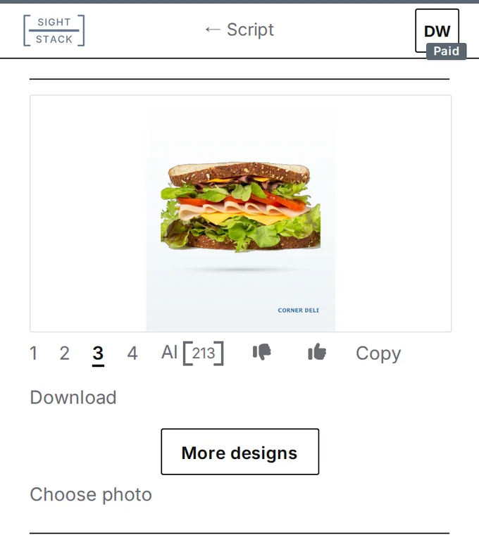 A sandwich photo cut out on a clean background with the shop name below, design 3 of the 1 to 4 choices shown under the picture