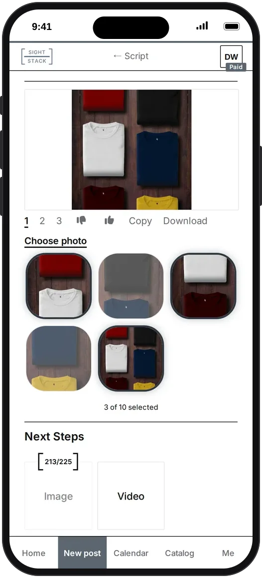 Choosing photos for a picked product: five colourful shirt photos, three of them ticked